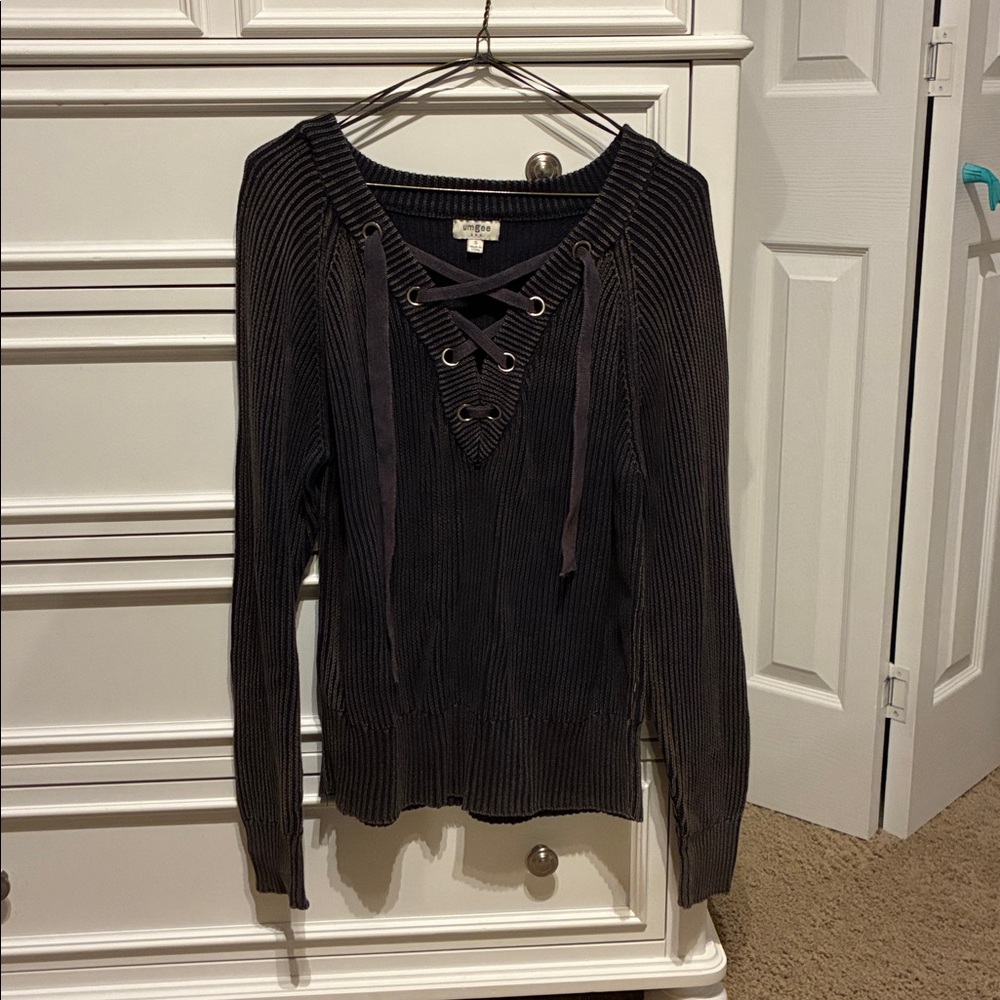 Umgee Charcoal Lace-Up Knit Top